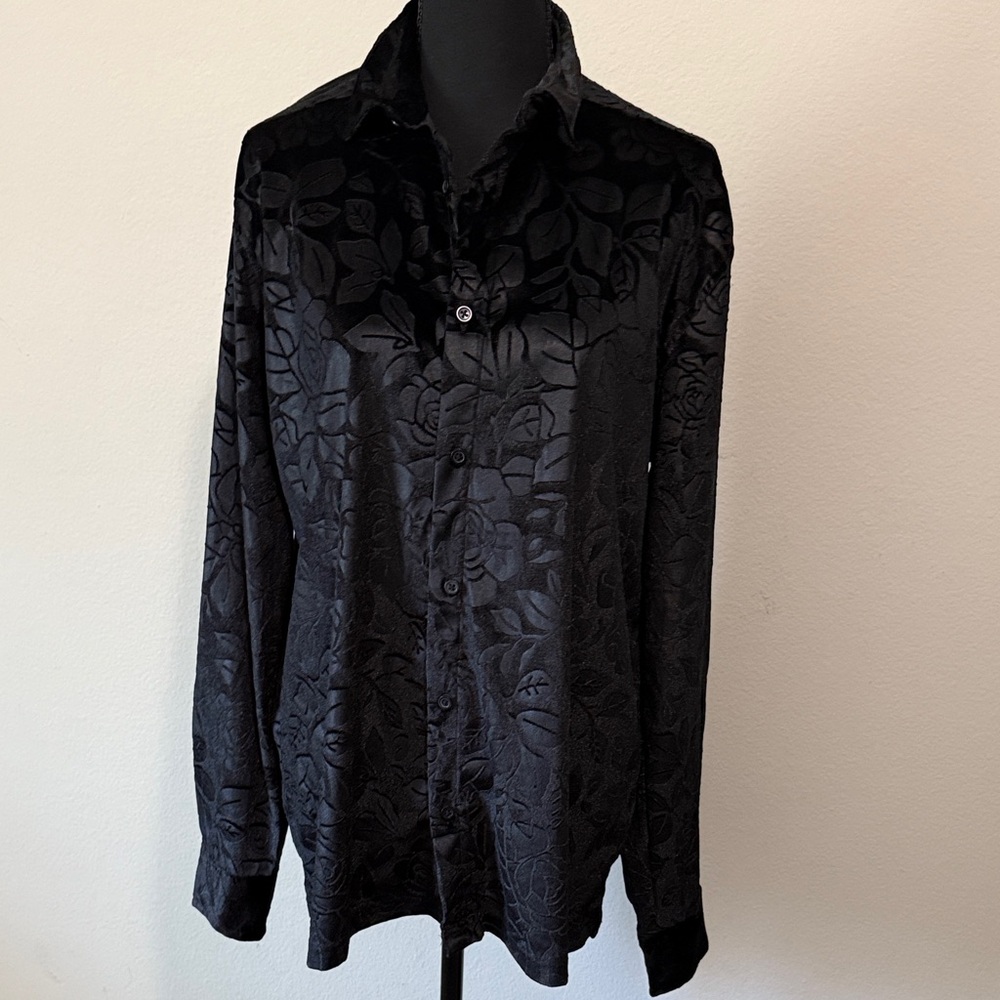 Mens Black Floral Button Down Dress Shirt